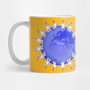 Blue Globe Surrounded by Little Cute Robots Mug